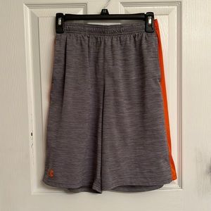 Under Armour Gray Athletic Shorts Orange Side Stripe Polyester Size Large